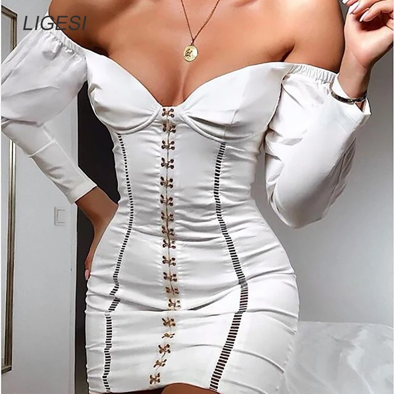

Metal Button off should Sexy Bodycon Dress Spring Long Sleeve Mini Party Dress Solid Backless Casual Women Dress White Black