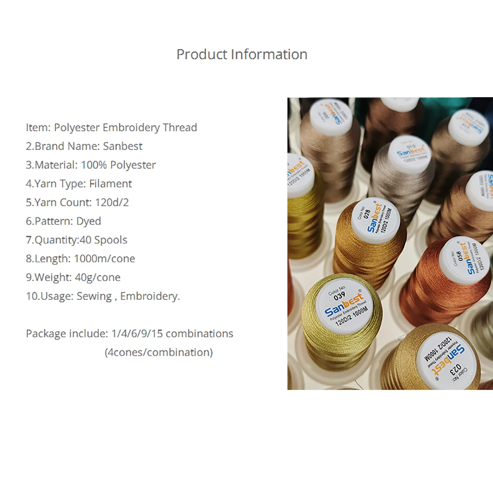 Description Picture 2 of itemSanbest High Quality Polyester Embroidery Thread Fliament 120D/2 1000M 92Colors Can Choose Brother Singer Machine Sewing Threads