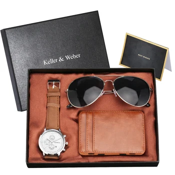 Brown Male Watch Set Card Case Sunglass Gift Sets Quartz Roman Digital Dial Leather Strap Credit Wallet Practical Men Present