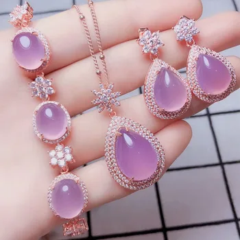 

2020 Fine Jewelry Natural 925 silver inlaid chalcedony Pendant Ring Earrings Bracelet Jewelry Four pieces Sets Women p