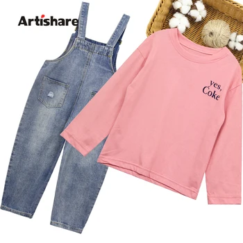 

Girls Denim Clothes Letter Children's Clothes For Girls Tshirt + Rippded Jumpsuit Girls Sets 2020 Autumn Kids Girl Clothes
