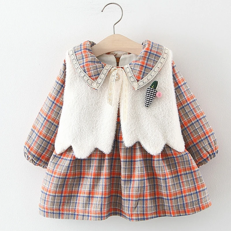 Sodawn Kids Girl Clothes Girl Dress Winter Baby Girl Clothing Sets Infant Toddler Costume Vest+Plaid Dress 2pcs Clothing Sets - Цвет: BT168-Orange