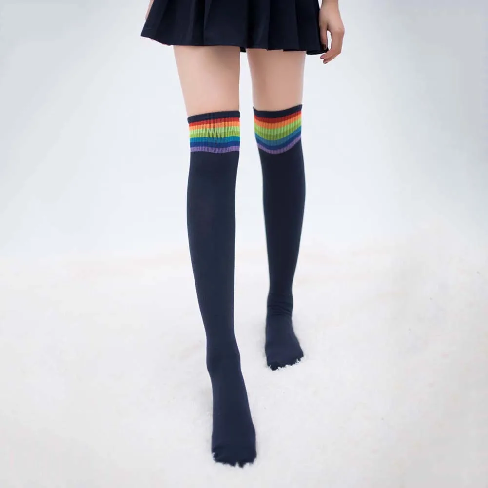 Women Girl Rainbow Stripe Tube Dress Over the Knee Thigh High Cosplay Socks