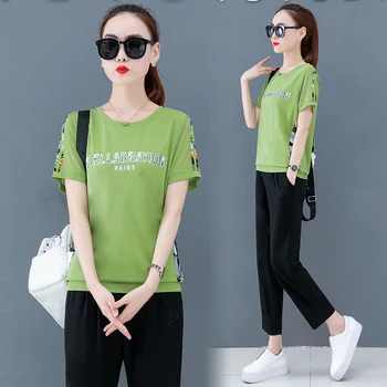 

2020 Spring and Summer New Casual Clothes Two Piece Set Round Neck Short Sleeve Korean Letters Printing Plus Size Matching Set