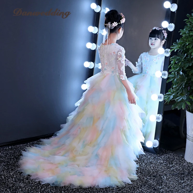 Gorgeous Princess Pageant Evining Dress Cascading Ruffles Flowers Girl Dress For Wedding First Communion Dress For Girls