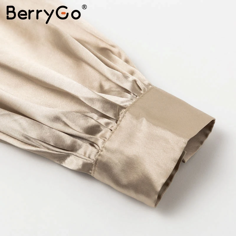 BerryGo, Сексуальная атласная блузка с v-образным вырезом, женская рубашка с буфами на рукавах, с рюшами, на пуговицах, женские топы, винтажные, с высокой талией, женские осенние блузки