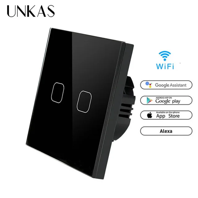 WiFi Black 2gang UNKAS 86 Тип Alexa Google домашний сенсорный переключатель умный светильник переключатель wifi светильник переключатель приложение беспроводной пульт дистанционного управления стандарт ЕС - Цвет: WiFi Black 2gang
