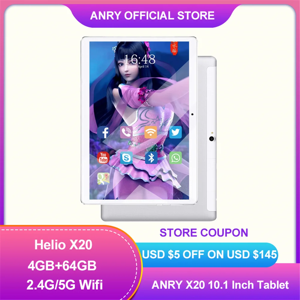 ANRY Tablet PC 4G Network Android 8.1 MTK6797T X25 8000mAh Deca Core 1920*1200 64GB ROM 4GB RAM 10.1 Inch Phablet