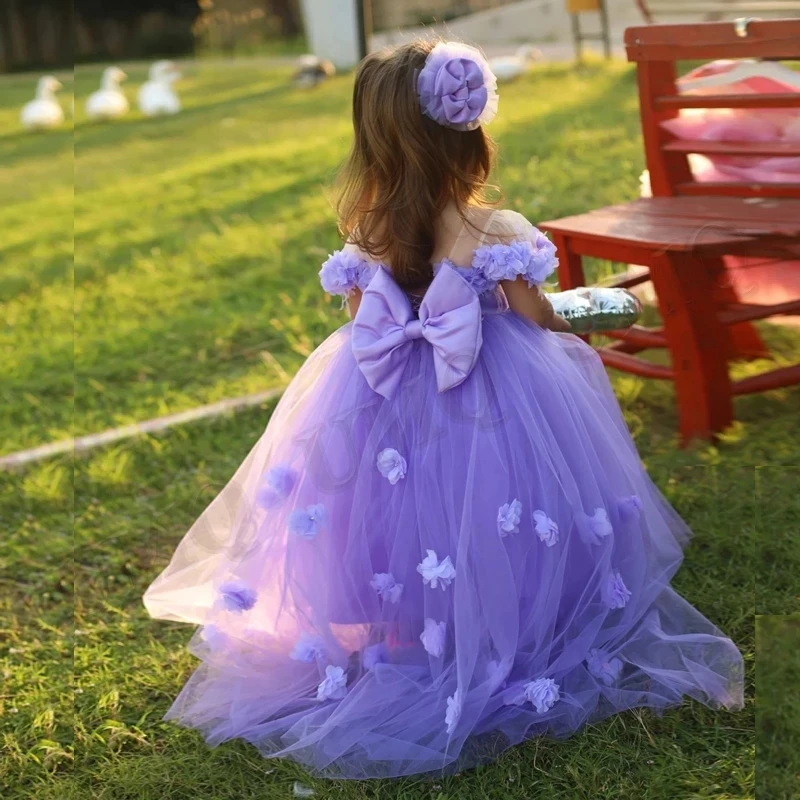 Purple Couture Flower Girl Dress Bow Wedding Party Dresses 3D Flowers Illusion Baby Birthday
