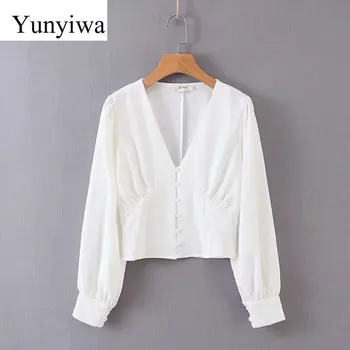 

2020 Women Elegant French Style Deep V Neck Single Buckles Blouse Shirt Women Long Sleeve Blusas Casual Chemise Tops