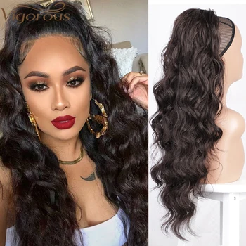 

Vigorous Long Body Wavy Drawstring Ponytail Synthetic Drawstring Ponytail Extension for Women Black and Blonde Fake Hair