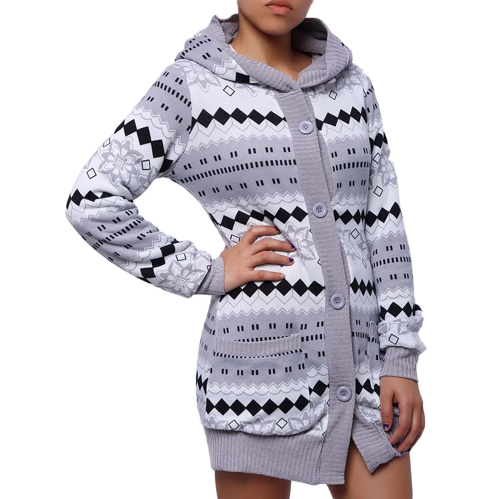 

Kenancy Geometric Patchwork Women Causal Sweater Autumn Hooded Long Sleeves Female Cardigan Button Up Double Pockets Femme Tops