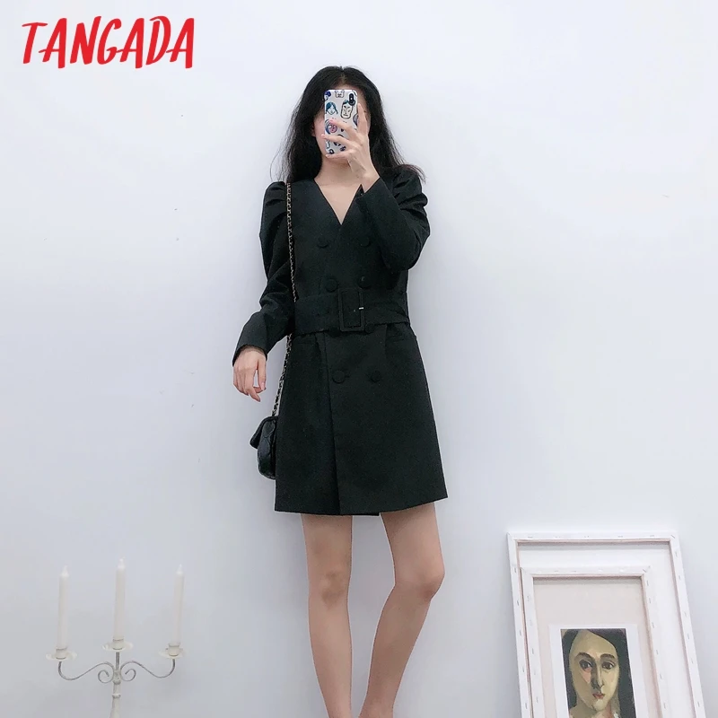 Tangada женское элегантное черное платье-блейзер с поясом с длинным рукавом Винтажный стиль женское офисное мини-платье vestidos 6P20