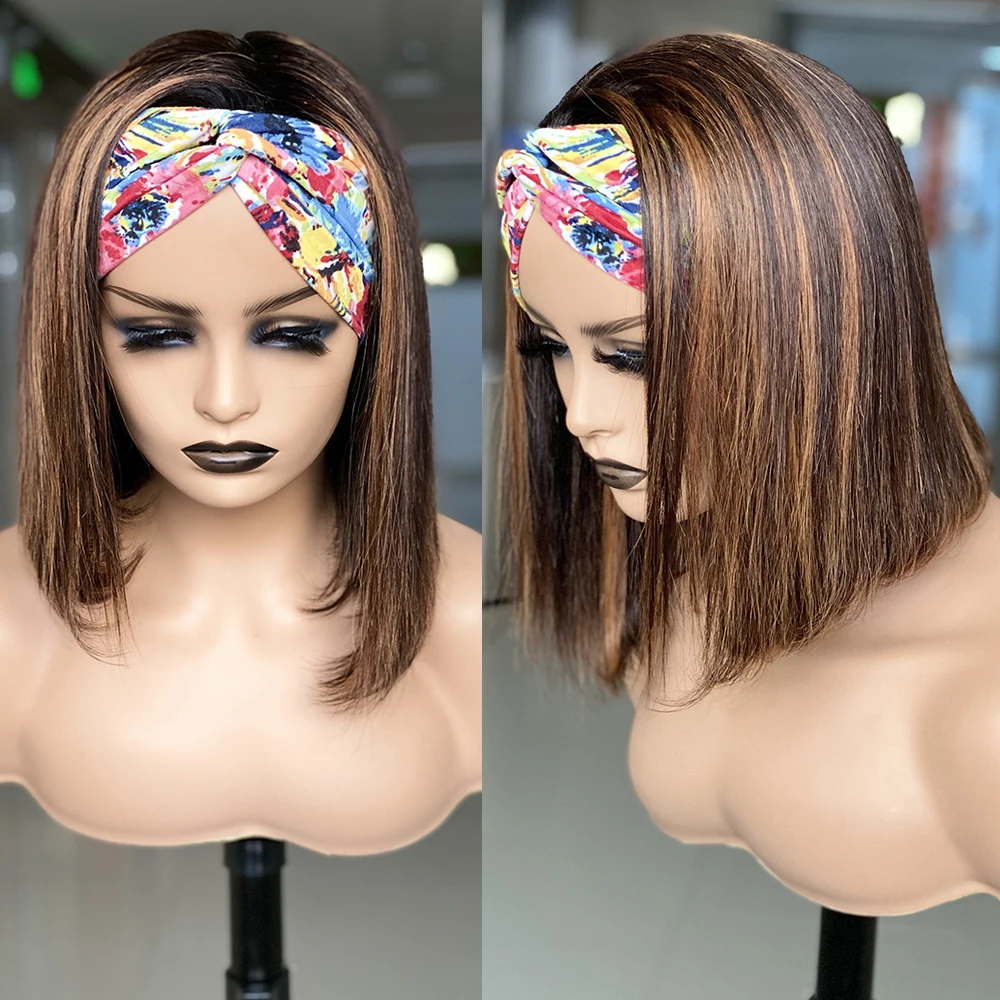 

Highlight Bob Headband Wig Bone Straight Colored Human Hair Wigs For Women Brazlian Remy Short Bob Wig Human Hair Ombre Brown