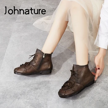 

Johnature Genuine Leather Women Shoes Platform Boots 2020 New Winter Zip Round Toe Flat With Cross-tied Flower Ankle Boots