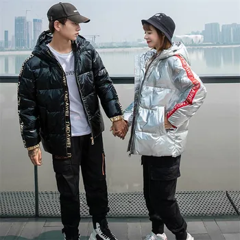 

Winter White Duck Down Couple Jacket Short Letter Silver Shiny Men and Women Hooded Thick Loose Down Jacket Couple Clothes Coat