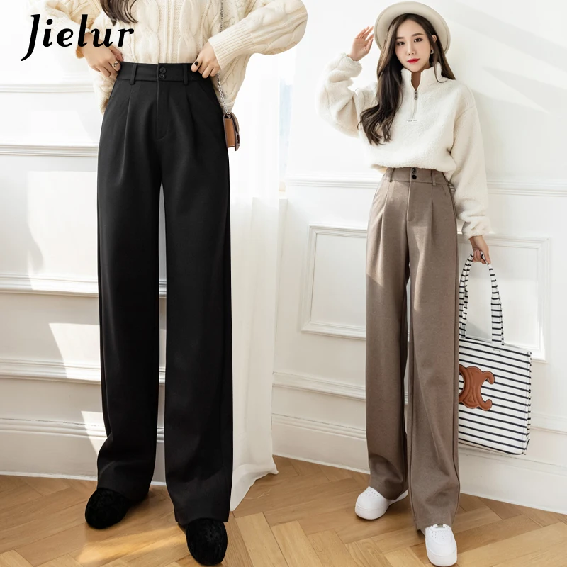 Jielur Woolen Wide Leg Pants Black 