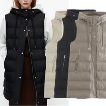 

Withered Winter Vest Jacket Women England Style Vintage Fashion Hooded Zipper Warm Loose Long Coat Solid Simple Parka Coat Women