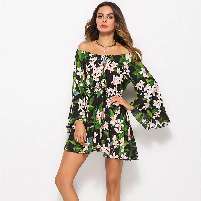 

2019 Off Shoulder Slash Neck Mini Dress Ruffles Flare Sleeve High Waist Floral Printed Boho Style Women Beach Summer Dresses