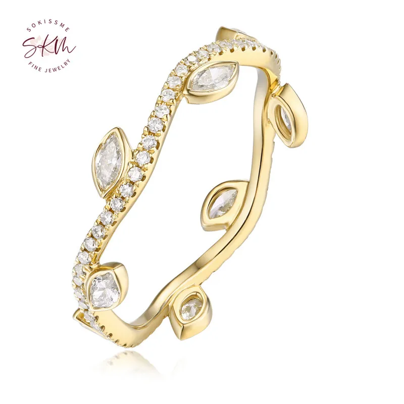 

SKM 14K Solid yellow gold ring for women Alternative Eternity Wedding Band Leaf ring Marquise Diamond Dainty Wedding ring