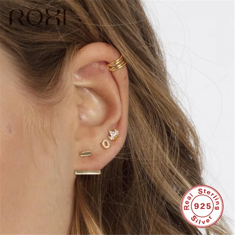 ROXI, минималистичные 925 пробы, серебряные серьги-гвоздики, маленькие, милые, конский глаз, кубический циркон, Золотые серьги для женщин, ювелирное изделие, крошечные серьги-гвоздики