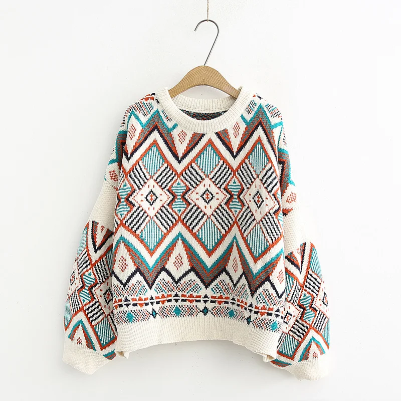 

2019 Ethnic Style Autumn Winter New Women's Round Neck Lantern Sleeve Sweater Loose Pullover Sweater Patchwork Knitwear Women