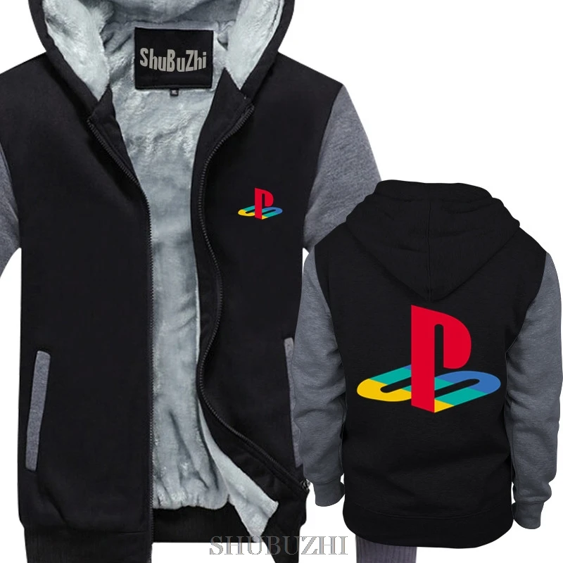 Зимняя куртка теплая толстовка мужская Толстая с капюшоном хипстер Playstation sony Playstation Logo Gamer Лицензированная мужская уличная куртка - Цвет: black grey