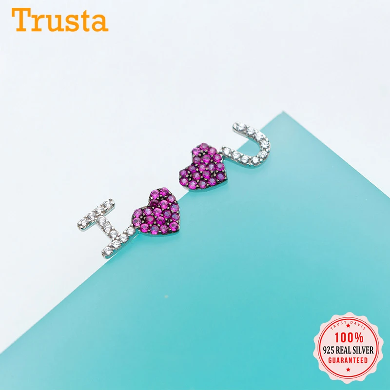 Модные серьги-гвоздики Trusta из 100% стерлингового серебра 925 пробы I Love You с фианитами