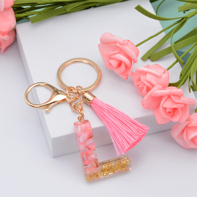 Creative Letter Alphabet Crystal Arylic Liquid Keychain Women Key Chains Ring Car Bag Tassels Pendent Charm Gift Accessory