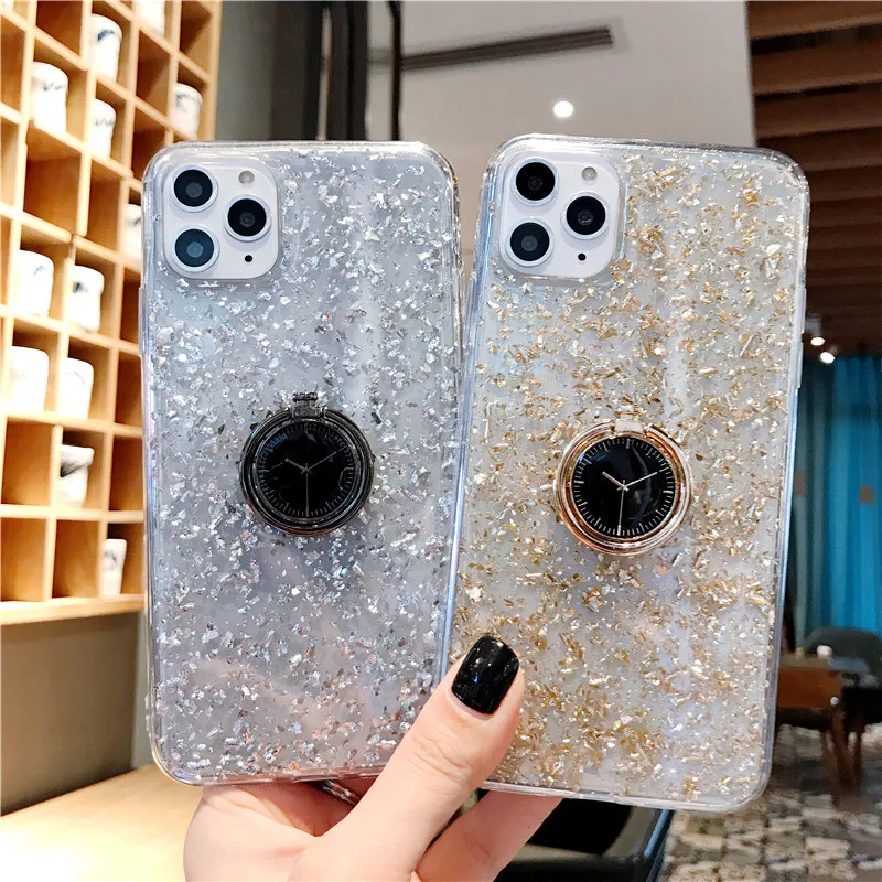 

Transparent Glitter Phone Shell Case For iPhone 11 Promax Xsmax XR XS X 8 7 6 6S Plus with Finger Ring Bracket Back Cover Coque