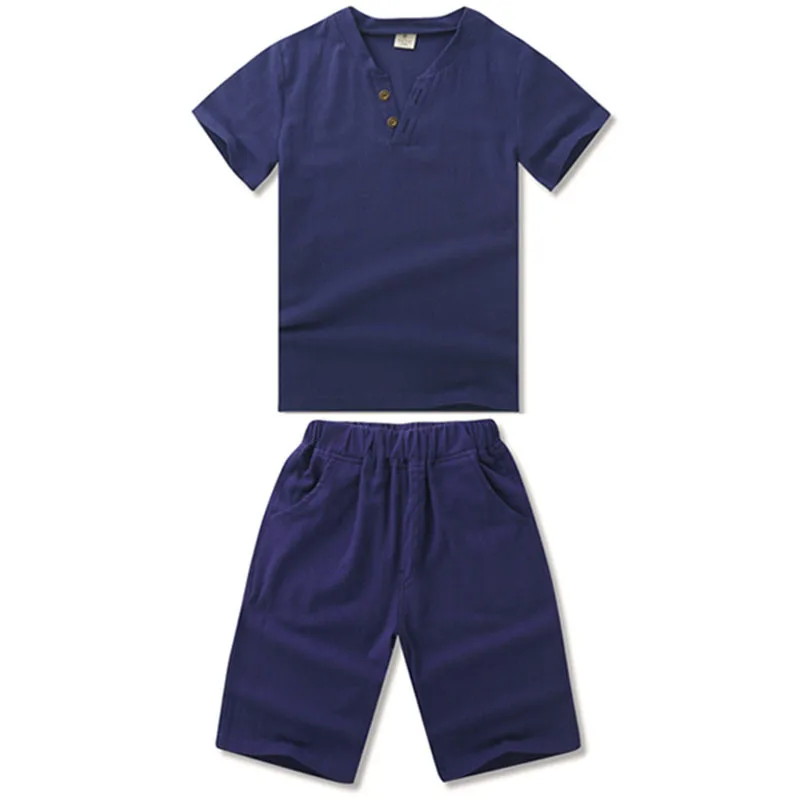 Новая летняя хлопковая футболка с короткими рукавами+ штаны, два комплекта для мальчиков и девочек, детский спортивный костюм большого размера, для 4-12 лет