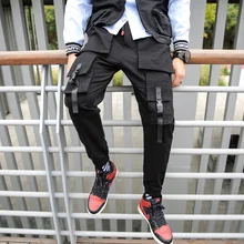 Весенние мужские черные штаны-шаровары в стиле хип-хоп, уличная одежда, узкие брюки с несколькими карманами, с лентами, с боковыми карманами, хлопковые брюки M-4XL