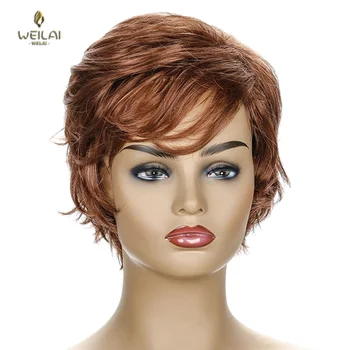 

WEILAI Short Brown Hair Wig Layered Curly Hair Mixed Eyebrows Straight Hair Synthetic Cosplay Black Women Wig with Bangs