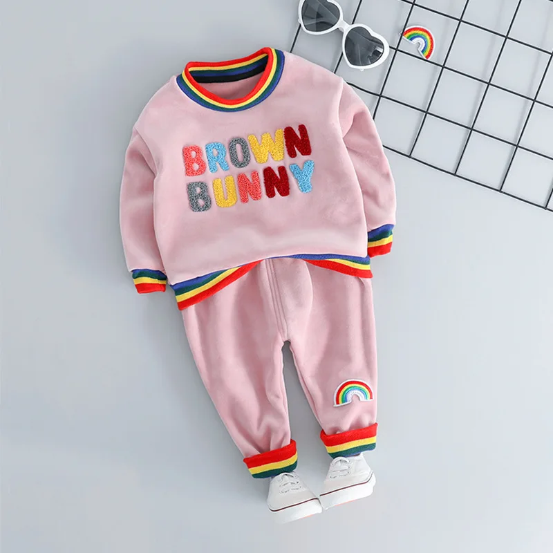 

Kids O-neck Lon Sleeve Golden Velvet Colorful Letters Print 2PCs Clothing Sets Casual Sports Spring Autumn Clothing Sets