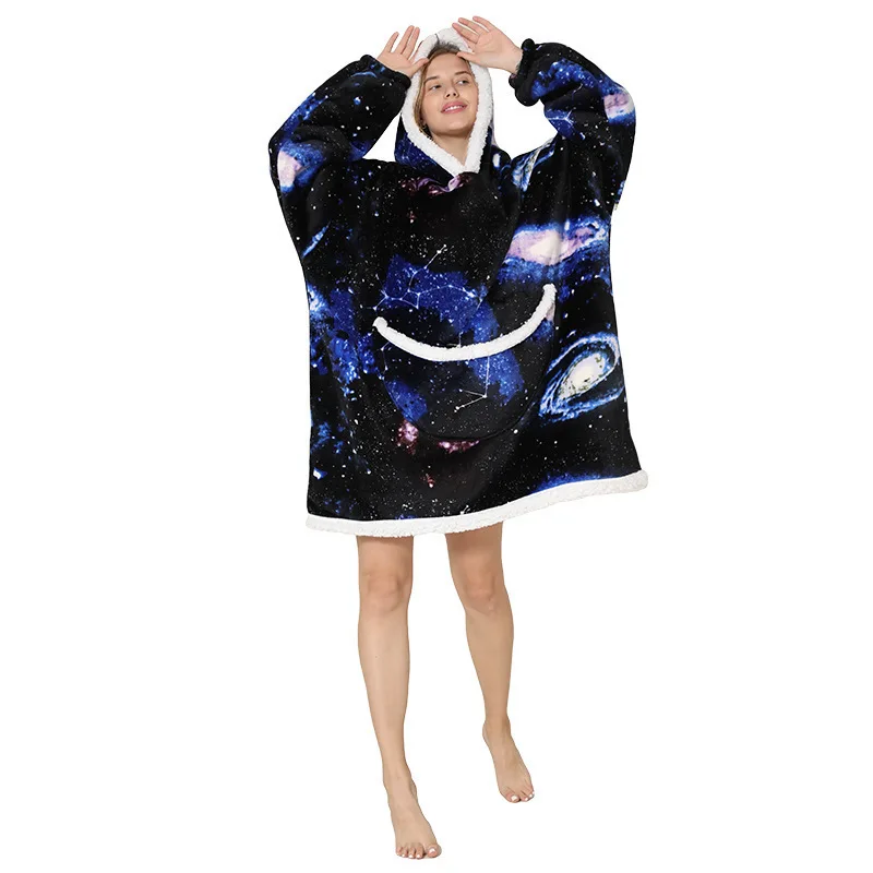 

2021 Women Flannel Warm Oversized Bathrobe Sweatshirt Winter Hoodie Sleepwear Women Fleece Blanket with Sleeves Sleeping Bag