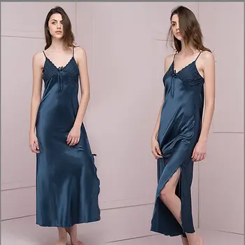 

Long Sexy Lace Sleep Dressing Women navy blue Nightgowns Ladies Split Summer Gowns Lounge Women Sleepwear ночная сорочка