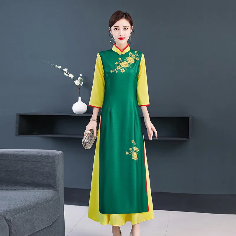 

2020 Spring New Classical Dance Audrey Cheongsam Show Young Long Elegant Chinese-style Costume Large Size Dress