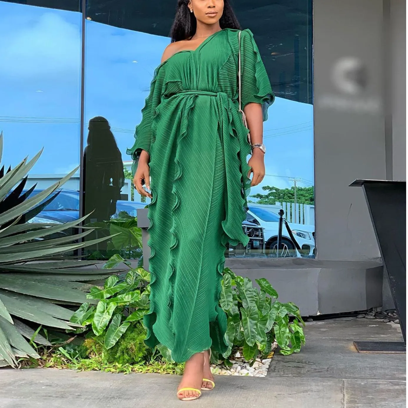 

Loose Women Half Sleeve Ruffles Long Dress Casual Boho Style Party Beach Maxi Dress Fashion V Neck Oversized Falbala Dress