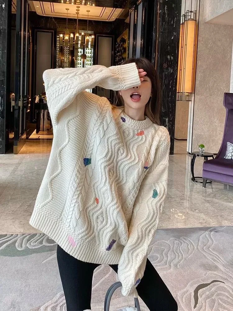 Autumn Vintage crew neck floral women's sweater Pullover Embroidered Flower linen pattern loose Lantern Sleeve knitted sweate |