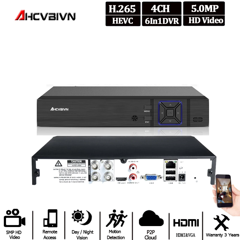 

H.265 H.264 IP/Analog/TVI/CVI 6 In 1 4CH DVR Security Surveillance CCTV System P2P ONVIF 4*5MP HD Network Video Audio Recorder