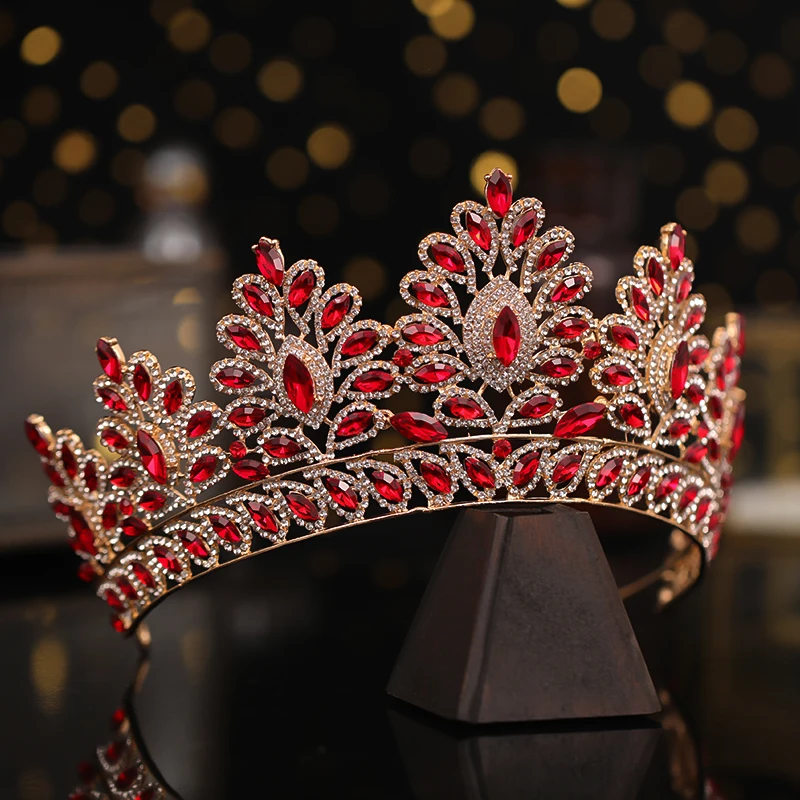 Bridal crown grand crown wedding handmade hair ornament golden Rhinestone female red crystal gem headdress bridal headdress