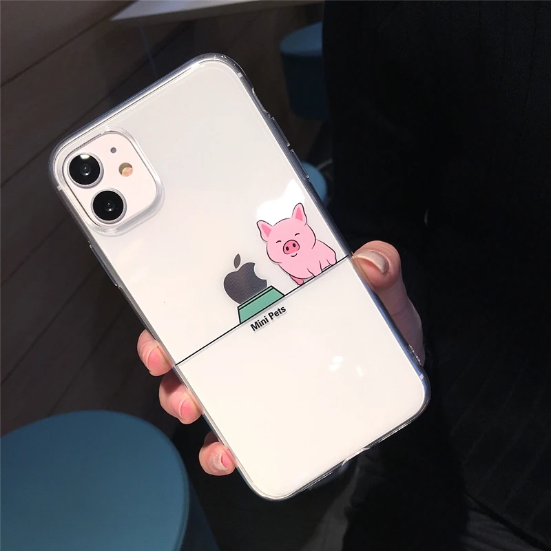 Cute Funny Cartoon Cat Dog Pig Clear Phone Case For iPhone 11 Pro Max X XS XR 12 Mini 7 8 Plus Couple Transparent Soft TPU Cover