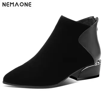 

NEMAONE Genuine Leather Women Ankle Boots ladies dress party Boots winter Shoes Woman med heels Short Boots size 41 42