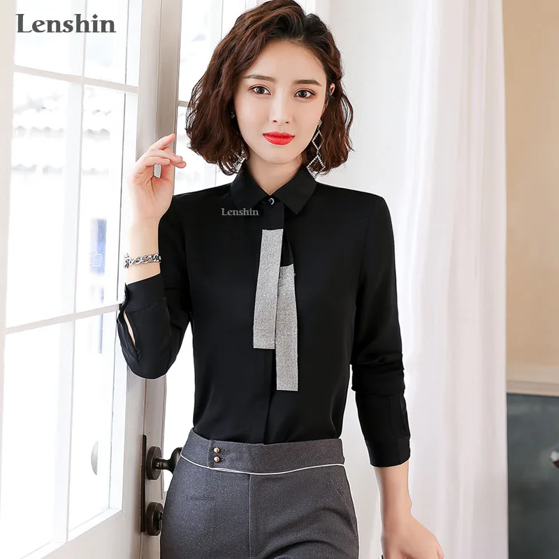 Lenshin Лоскутные Галстуки рубашки для женщин Свободная блузка модная рабочая одежда офисные женские топы сорочка свободный стиль