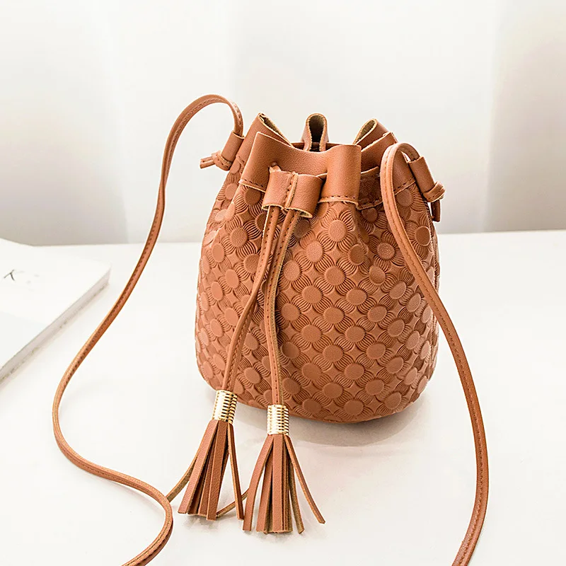 

Women's Embossing Double Tassels Bucket Bag 2020 Korean-style New Products Crossbody/shoulder Bag Purse