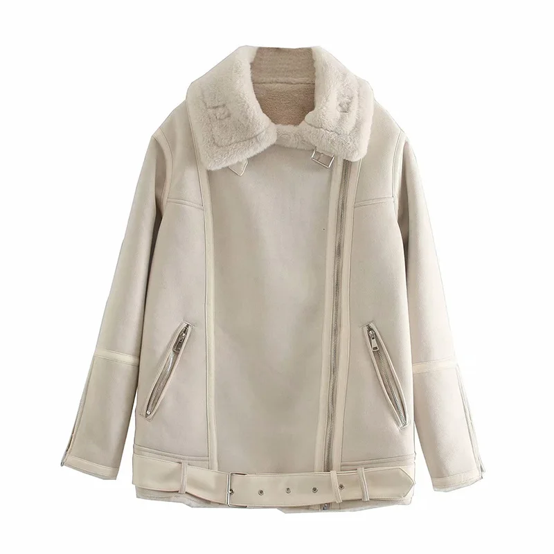 

Thick Faux Fur Coat New Women's Style Solid Color One-Piece Plus Double Pocket Turn Down Long Sleeve Zipper Outercoat Female