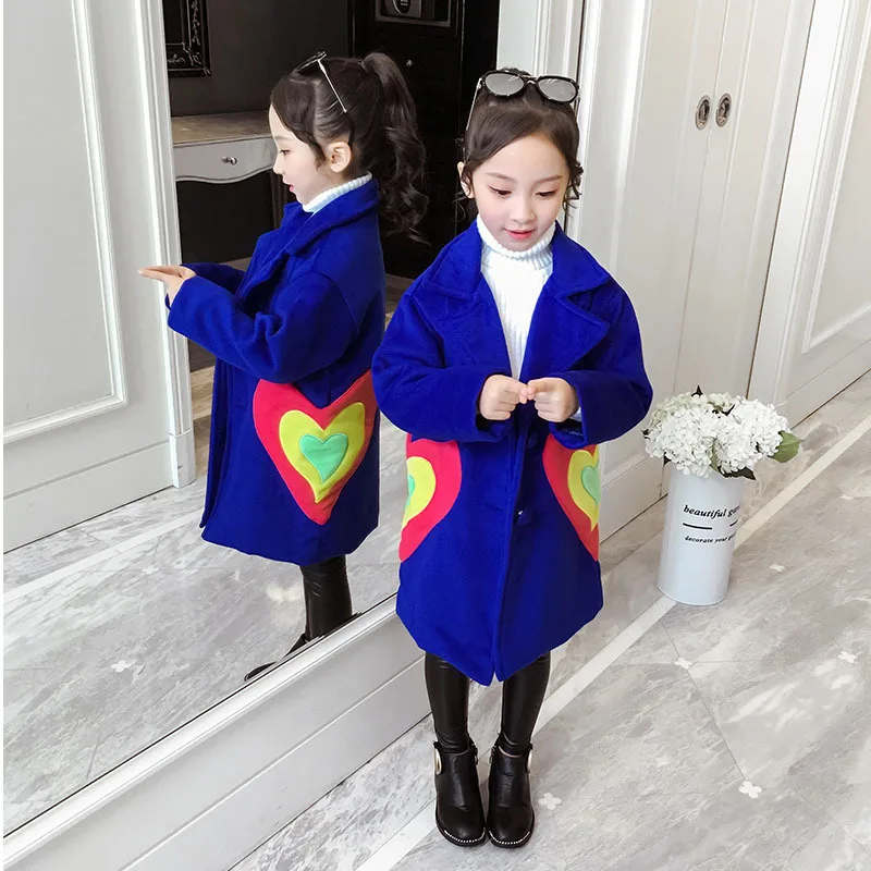 Puckcovi/шерстяное пальто для девочек Детская шерстяная одежда с отложным воротником комбинированная одежда детская теплая зимняя утепленная верхняя одежда модная одежда для девочек возрастом от 3 до 13 лет - Цвет: Blue wool coat