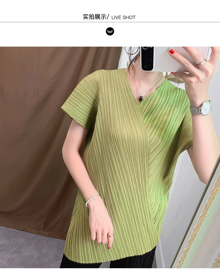 Miyake плиссированная футболка модная Новая летняя футболка с коротким рукавом топы с v-образным вырезом повседневные Асимметричные женские рубашки размера плюс