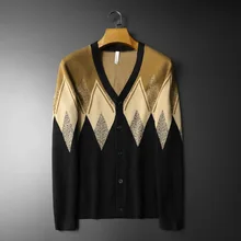 Новые мужские Роскошные зимние джентльменские вязаные Повседневные свитера с вышивкой в полоску с бриллиантами кардиганы азиатского размера высокого качества Drake# N21