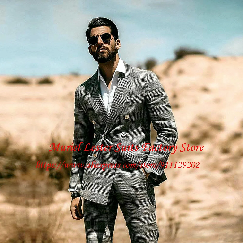 Pata de gallo cuadros doble Breasted chaqueta de Tweed Terno Masculino red trajes formales para hombres boda pico solapa ancha abrigo de esmoquin Pantalones